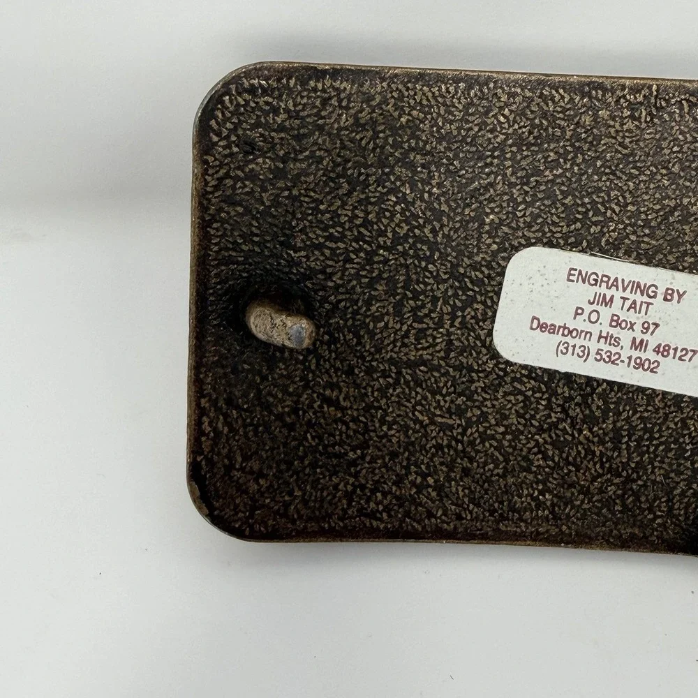 Vintage Tennis Court Belt Buckle Brass Tone Leather Inlay Jim Tait Engraving 70s